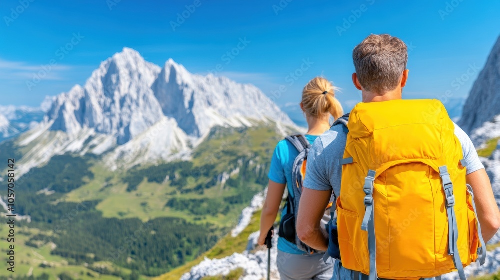 Two hikers enjoy a scenic trek in the Alps, admiring breathtaking mountain views and lush greenery under a clear blue sky on a sunny day Two hikers enjoy a scenic trek in the Alps, admiring breathtaking mountain views and lush greenery under a clear blue sky on a sunny day