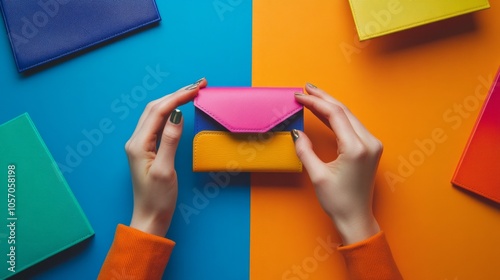 hands of woman holding a colourful wallet