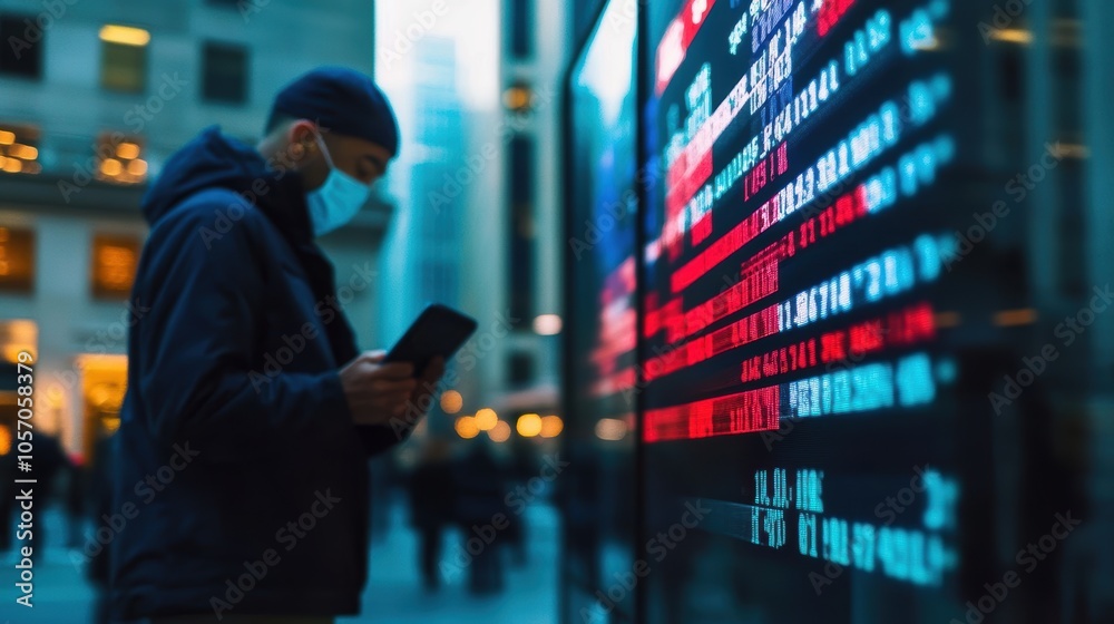 A Black male wearing a mask checks stock information on a digital display in an urban setting. A Black male wearing a mask checks stock information on a digital display in an urban setting.