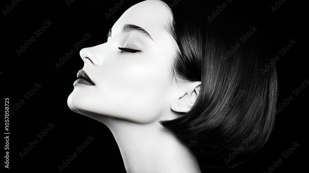 Fototapeta premium Elegant Woman with Short Black Hair in Black and White Portrait