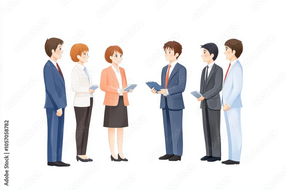Group of six professionals engaging in conversation, white isolate background. Group of six professionals engaging in conversation, white isolate background.