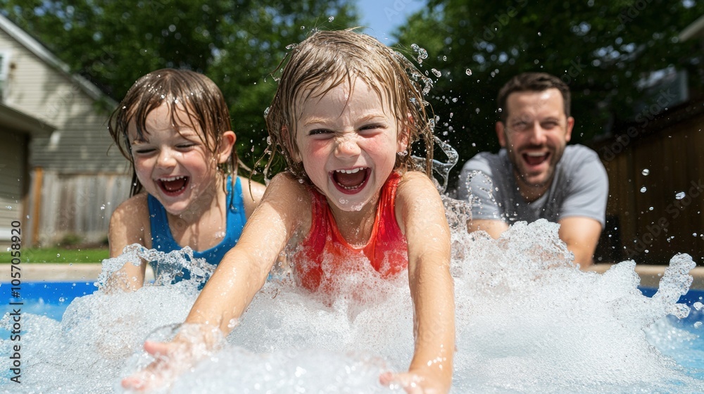 Two joyful children in bright swimsuits splash water while playing in a backyard pool, accompanied by a smiling adult as they all enjoy a sunny summer afternoon together Two joyful children in bright swimsuits splash water while playing in a backyard pool, accompanied by a smiling adult as they all enjoy a sunny summer afternoon together