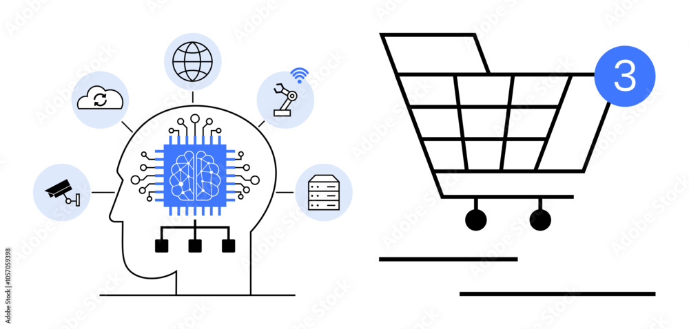 AI brain connecting to cloud, globe, robotic arm, server, and camera, next to a shopping cart with number 3. Ideal for technology, AI, e-commerce, innovation, industry, modernity, and automation AI brain connecting to cloud, globe, robotic arm, server, and camera, next to a shopping cart with number 3. Ideal for technology, AI, e-commerce, innovation, industry, modernity, and automation