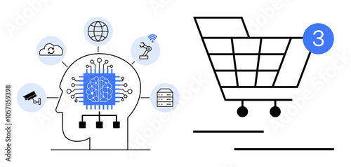 AI brain connecting to cloud, globe, robotic arm, server, and camera, next to a shopping cart with number 3. Ideal for technology, AI, e-commerce, innovation, industry, modernity, and automation
