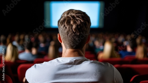 Man Watching Movie In Cinema Audience Theater Film Screen Entertainment Dark Room