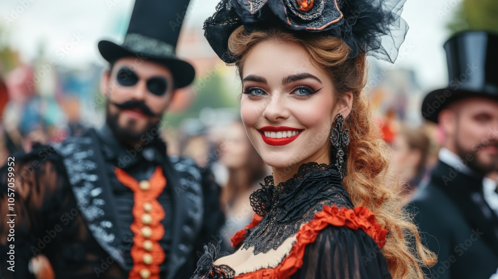 People dressed in elaborate costumes at a Halloween parade, representing the community spirit and celebration of the holiday People dressed in elaborate costumes at a Halloween parade, representing the community spirit and celebration of the holiday