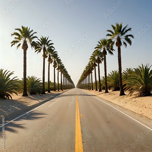 Palm tree lined road with sand beside it