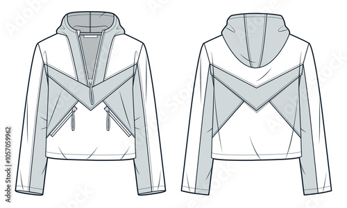 Crop Hoodie technical fashion illustration. Anorak Jacket fashion flat technical drawing template, half zip, pockets, front and back view, white and grey, women, men, unisex CAD mockup.