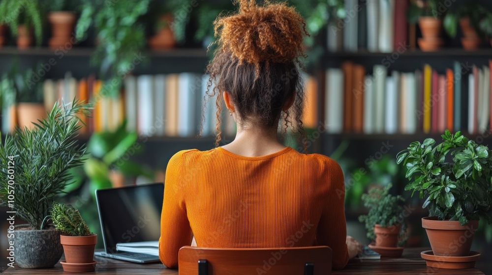 A woman sits at a wooden desk, facing a laptop and surrounded by vibrant green plants. Bookshelves in the background display a variety of colorful books, creating a peaceful workspace A woman sits at a wooden desk, facing a laptop and surrounded by vibrant green plants. Bookshelves in the background display a variety of colorful books, creating a peaceful workspace