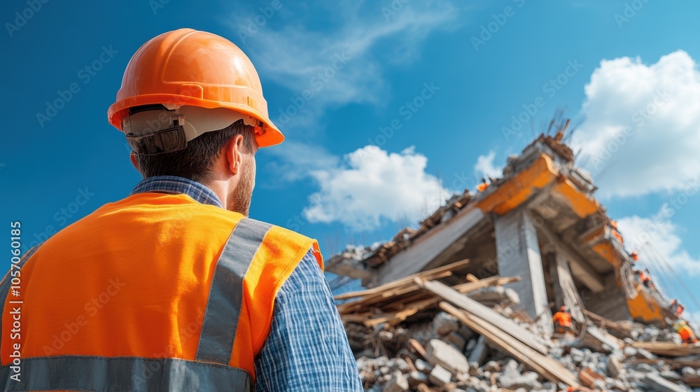 A construction worker in an orange helmet and vest observes the remains of a collapsed building, contemplating the damage and next steps in the midday sunshine with scattered clouds A construction worker in an orange helmet and vest observes the remains of a collapsed building, contemplating the damage and next steps in the midday sunshine with scattered clouds