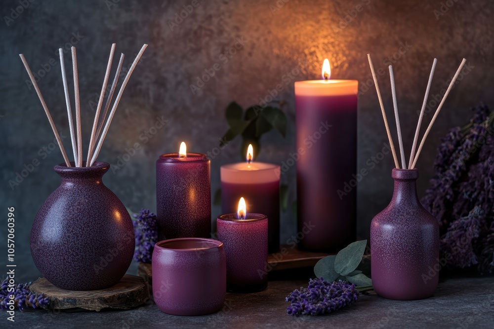 Elegant Aromatherapy Setup with Trendy Future Dusk Color Accent, selective focus, copy space