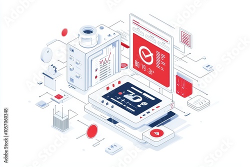 Modern digital devices and analytics with vibrant graphics on a white background.
