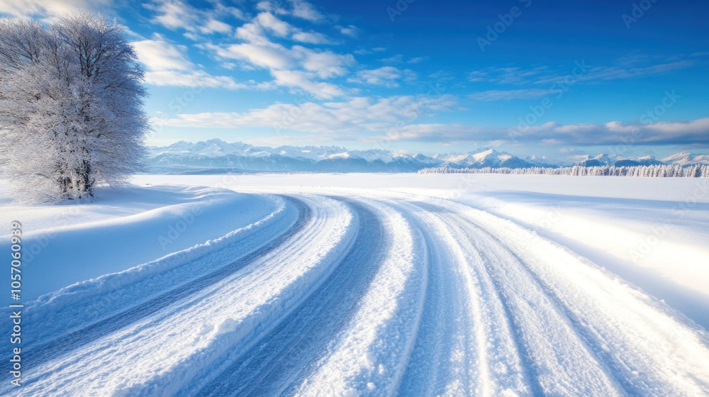 Tire tracks wind through a pristine blanket of snow, leading into the distance. A clear blue sky complements the snowy mountains, creating a serene winter scene Tire tracks wind through a pristine blanket of snow, leading into the distance. A clear blue sky complements the snowy mountains, creating a serene winter scene