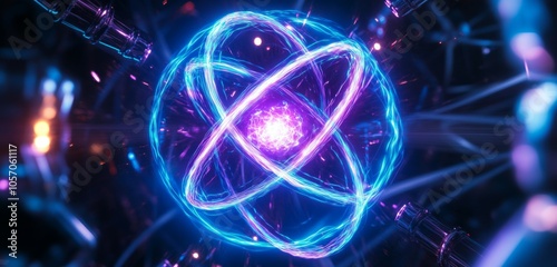 the inside of an atom, with light blue and purple neon lines in spiral patterns around it. 