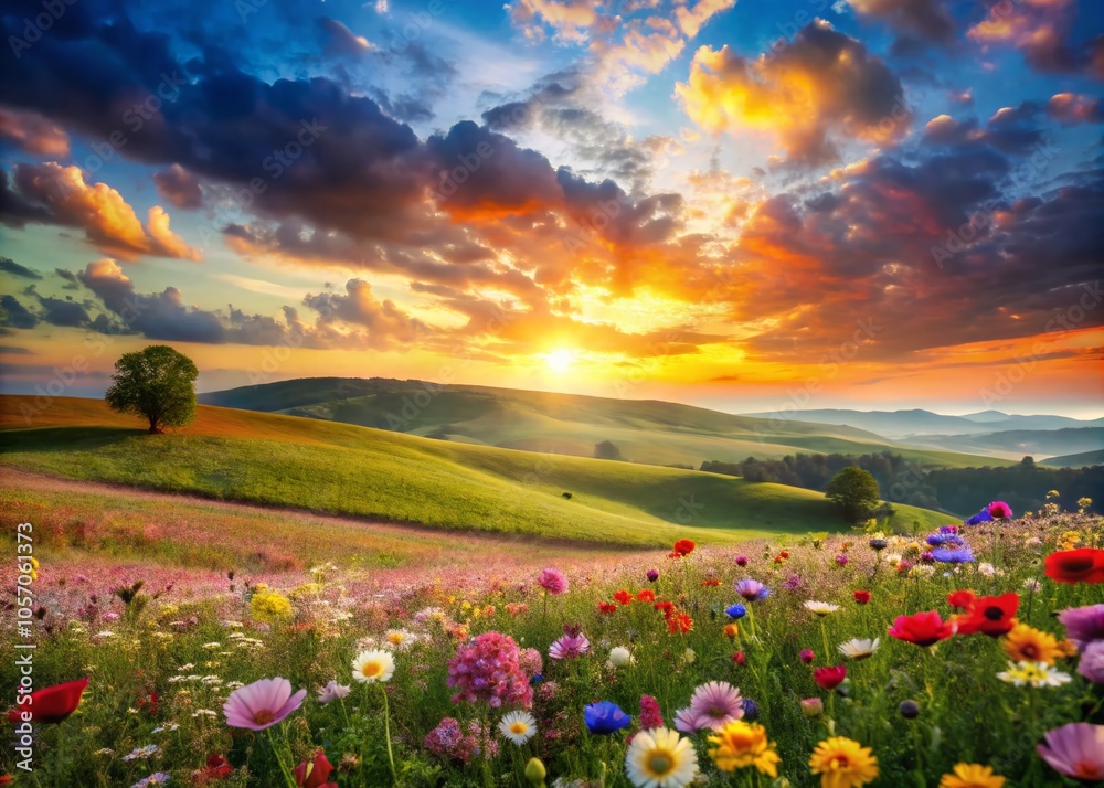 Enchanting Double Exposure of a Vibrant Field of Flowers and Serene Landscape Enchanting Double Exposure of a Vibrant Field of Flowers and Serene Landscape