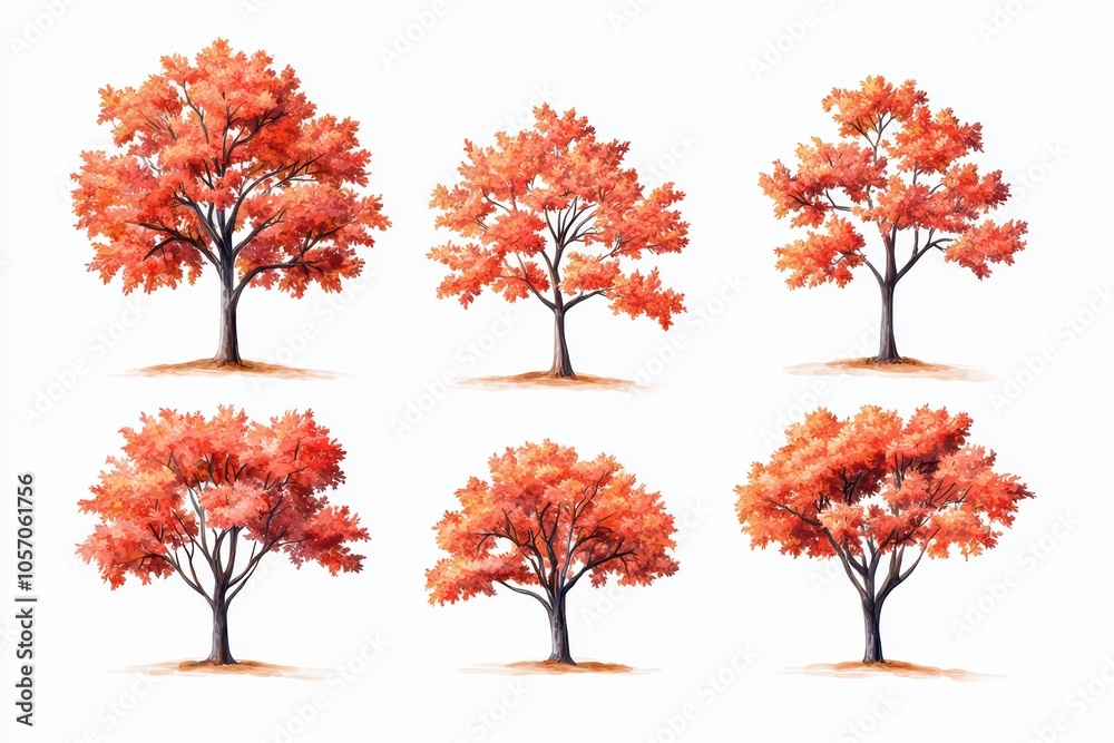 Six styles of vibrant autumn trees with orange leaves on a white isolated background. Six styles of vibrant autumn trees with orange leaves on a white isolated background.