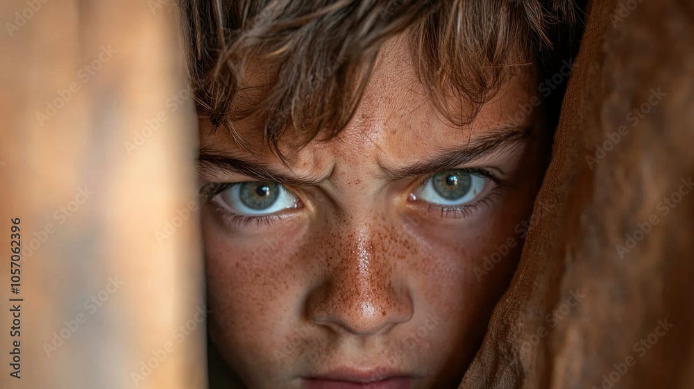 A young boy is intensely gazing through a narrow opening, revealing captivating blue-green eyes and freckles. His expression conveys curiosity and determination in a rustic setting A young boy is intensely gazing through a narrow opening, revealing captivating blue-green eyes and freckles. His expression conveys curiosity and determination in a rustic setting