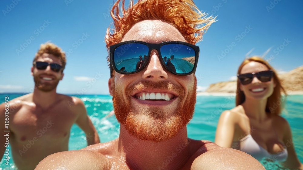 Three friends, smiling brightly, enjoy a beach day in the ocean. They are dressed casually for summer and surrounded by vibrant water, exuding happiness and relaxation Three friends, smiling brightly, enjoy a beach day in the ocean. They are dressed casually for summer and surrounded by vibrant water, exuding happiness and relaxation