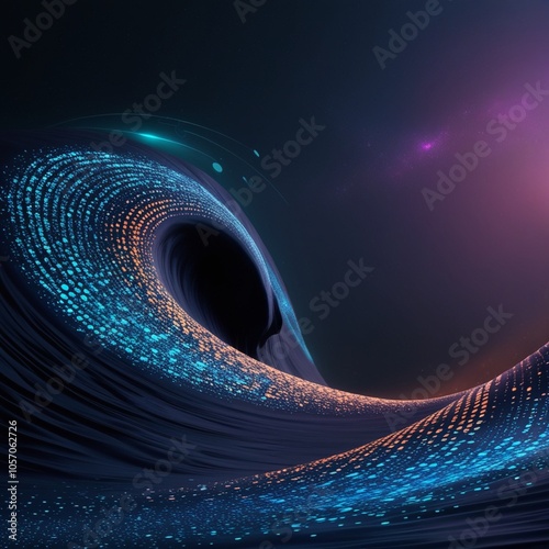 Digital bckground with glowing blue and orange dots on a dark wave, in a technology futuristic concept, abstract data flow 