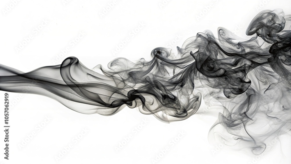 Abstract elegant black smoke trail isolated on white background, smoky texture with forced perspective Abstract elegant black smoke trail isolated on white background, smoky texture with forced perspective