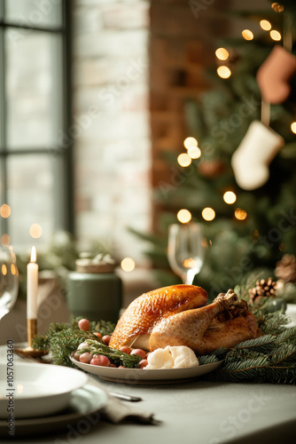 Festive Holiday Dinner Setting with Roast Turkey and Candlelit Ambiance