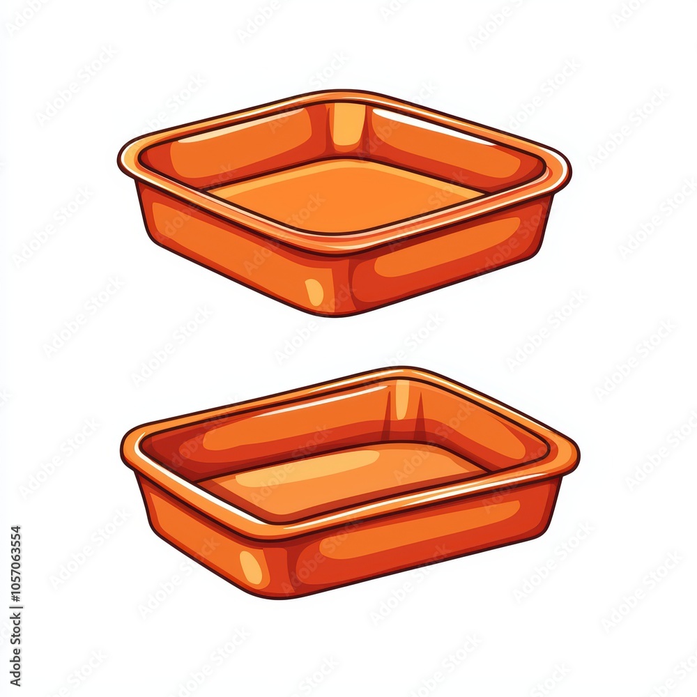 Two orange baking pans with a sleek design on a white isolated background. Two orange baking pans with a sleek design on a white isolated background.