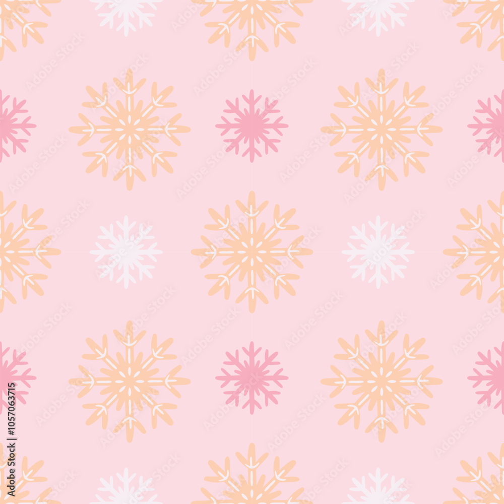 snowflakes. Vector seamless pattern on a pink background in flat style in pastel colors. Cute illustration for web design, textile and wrapping paper snowflakes. Vector seamless pattern on a pink background in flat style in pastel colors. Cute illustration for web design, textile and wrapping paper