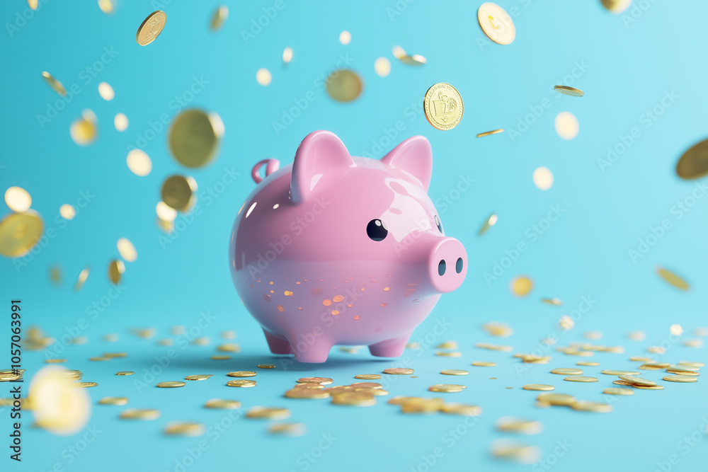 Piggy bank with gold coins raining on blue background depicting financial savings and prosperity Piggy bank with gold coins raining on blue background depicting financial savings and prosperity