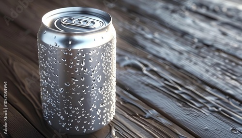 Closeup noblur 3D Model Abstract Art of Aluminum soda can with condensation on a wooden table photo