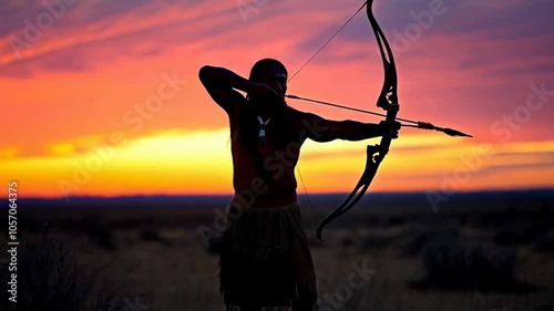 Silhouette of a Native American archer aiming a bow at sunset, capturing a moment of traditional hunting during Native American Heritage Month.