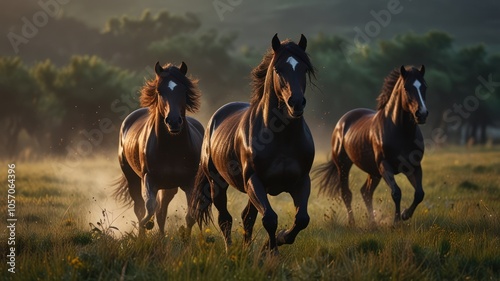 a herd of horses galloping across a vast, open field at sunset. The horses, with their powerful strides and flowing manes, exude a sense of freedom and energy.