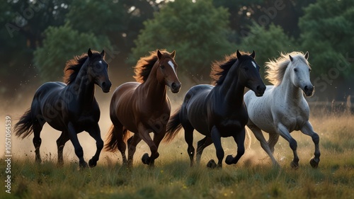 a herd of horses galloping across a vast, open field at sunset. The horses, with their powerful strides and flowing manes, exude a sense of freedom and energy.