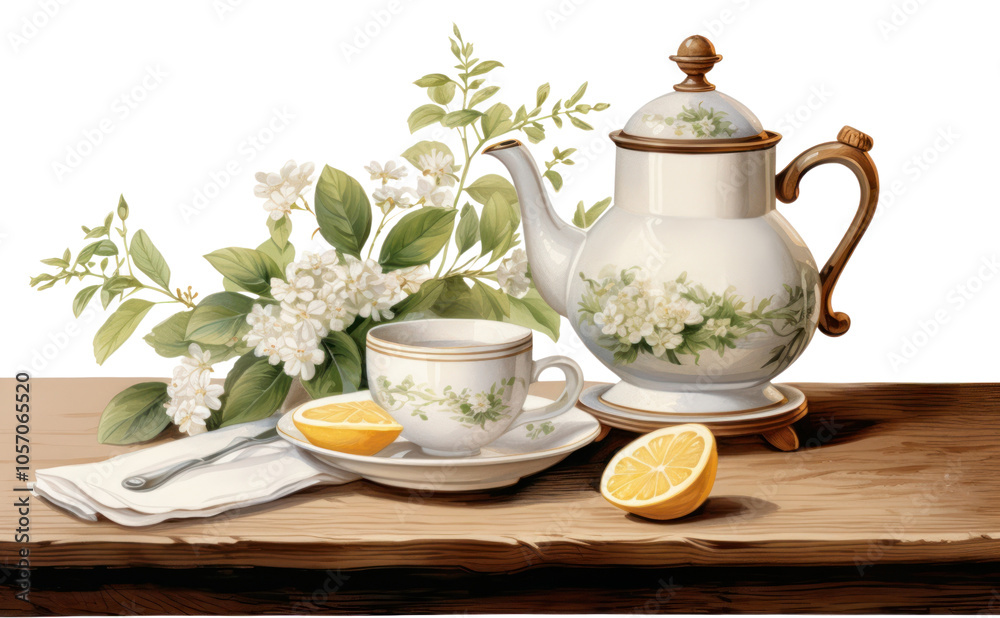 PNG A pitcher of tea and a white mug on a wooden table art porcelain teapot. PNG A pitcher of tea and a white mug on a wooden table art porcelain teapot.