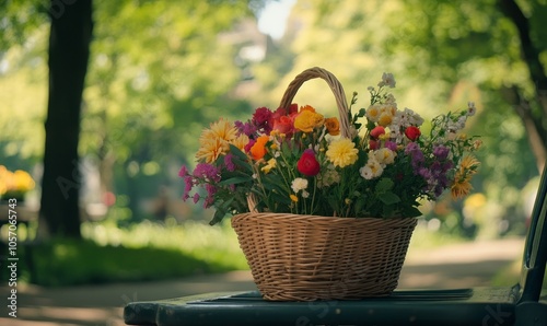 A basket of flowers sits on a wooden table