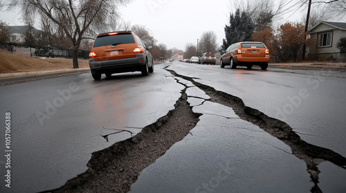 Road with significant cracks and cars driving under an overcast sky, showcasing infrastructure damage and poor road conditions in a suburban area with leafless trees and homes. photo