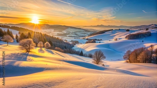 Golden rays illuminate a snow-covered landscape, casting long shadows across the rolling hills, as the sun peeks over the horizon, painting the sky with hues of orange and blue.