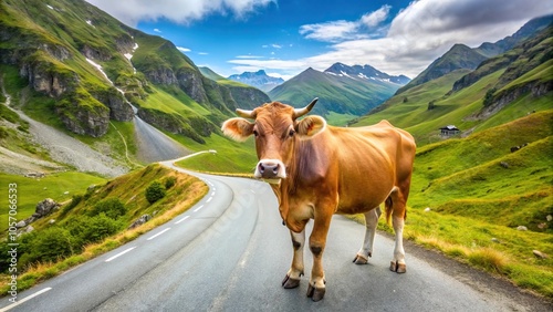 Aerial view of Swiss brown cow near Klausenpass road photo