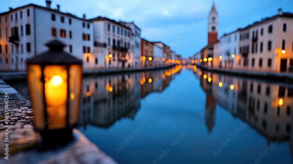 Romantic Evening Canal Cityscape with Lantern Reflection and Bokeh Lights Romantic Evening Canal Cityscape with Lantern Reflection and Bokeh Lights