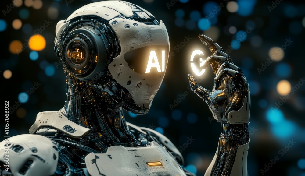 A futuristic robot holding an AI and big data technology icon stands in front of holographic charts,