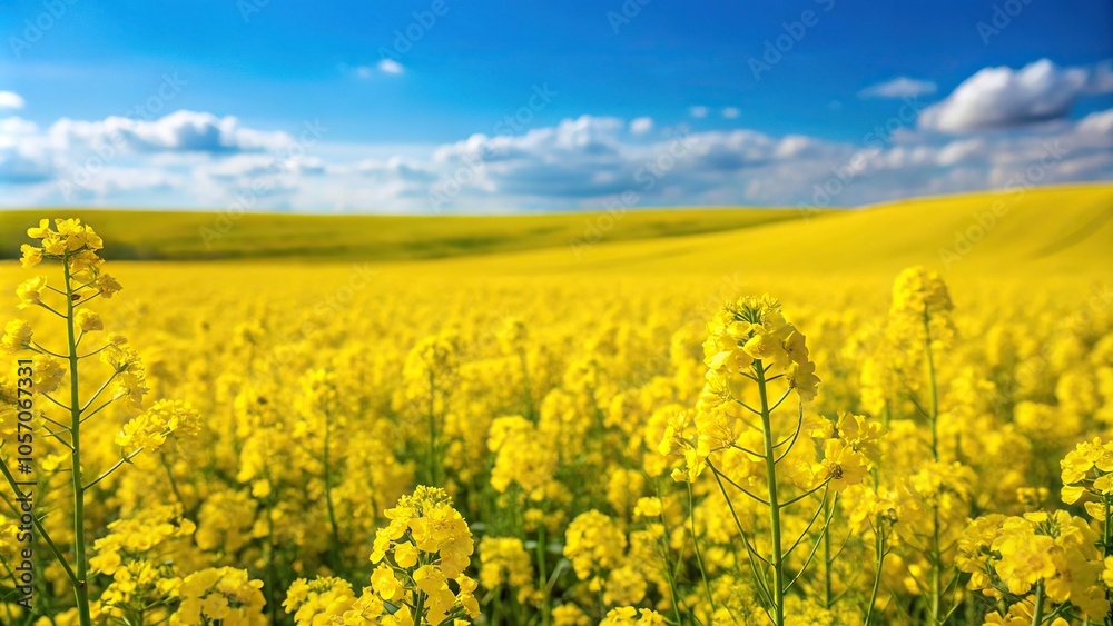 A field of bright yellow canola flowers swaying gently in the breeze, on a peaceful green landscape, agriculture, farm A field of bright yellow canola flowers swaying gently in the breeze, on a peaceful green landscape, agriculture, farm