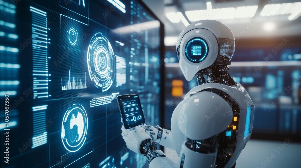 A futuristic robot holding an AI and big data technology icon stands in front of holographic charts, A futuristic robot holding an AI and big data technology icon stands in front of holographic charts,