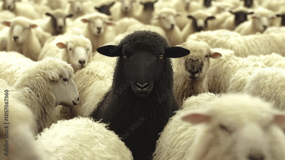 Black sheep sticking out among flock of white sheep, concept of leadership Black sheep sticking out among flock of white sheep, concept of leadership