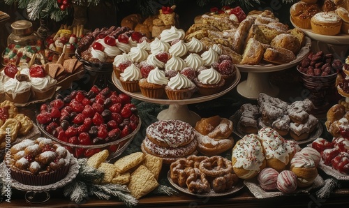 A variety of baked goods and candies artfully arranged, showcasing holiday treats