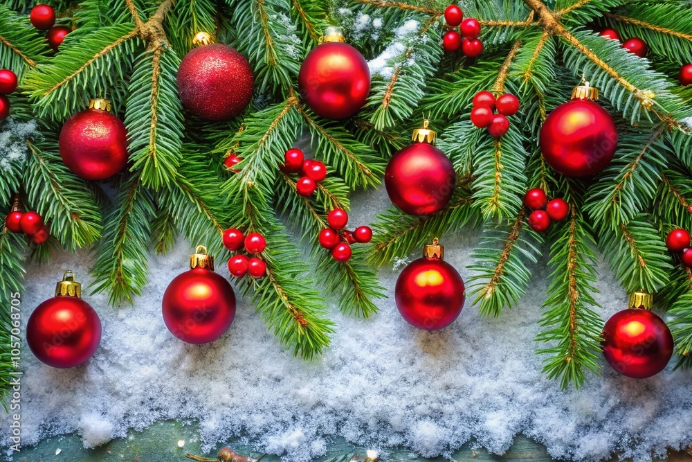 Festive Aerial View of Christmas Banner with Green Pine Branches and Red Ornaments for Holiday Celebrations Festive Aerial View of Christmas Banner with Green Pine Branches and Red Ornaments for Holiday Celebrations