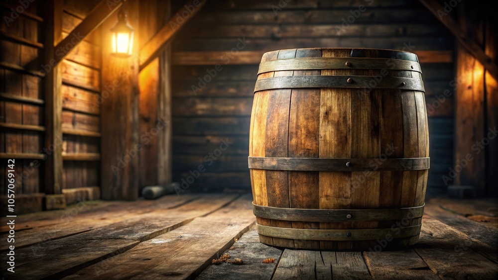 A large wooden whiskey barrel with a rusty metal lid sits in a dimly lit barn, whiskey, spirits, metal, containers A large wooden whiskey barrel with a rusty metal lid sits in a dimly lit barn, whiskey, spirits, metal, containers