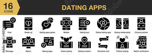 Dating Apps solid icon set. Includes romantic text, online, mobile, message, match, dating text, and More. Solid icons vector collection.