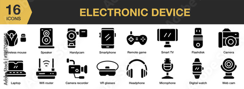 Electronic Device solid icon set. Includes router, wifi, web cam, vr glasses, speaker, smartphone, and More. Solid icons vector collection.