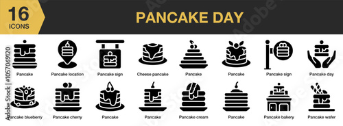 Pancake Day solid icon set. Includes pancake, wafel, sign, location, cream, honey, and More. Solid icons vector collection.