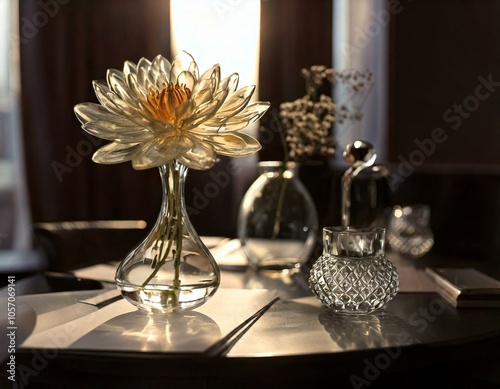 Table Companion: Write about other objects on the table that complement or contrast with the glass flower.

