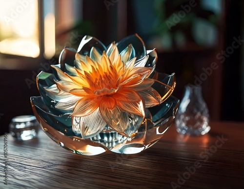 Table Companion: Write about other objects on the table that complement or contrast with the glass flower.

